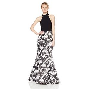 Blondie Nites long printed gown webbed back prom